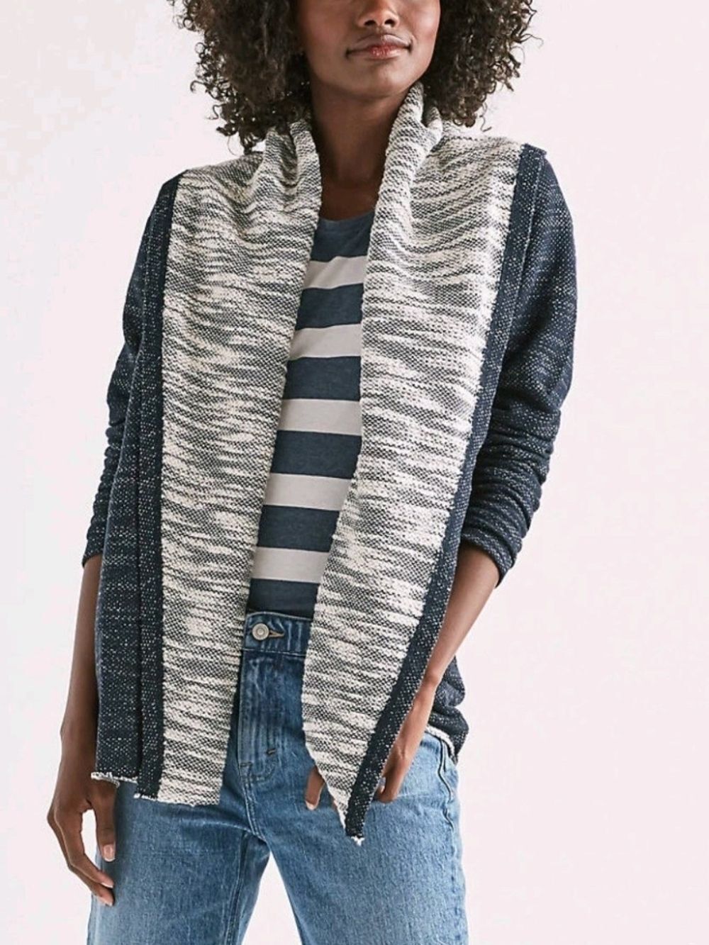 Lucky Brand Womens Navy Blue Heather Gray Open Front Shawl Collar Cardigan Small
